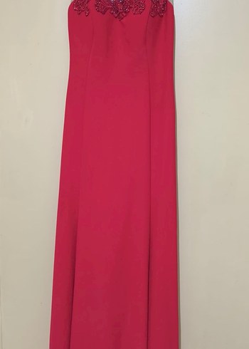 İnci İşlemeli Kırmızı Uzun Abiye Elbise - Görsel 6