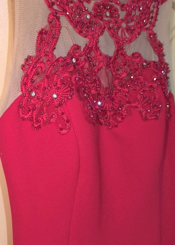 İnci İşlemeli Kırmızı Uzun Abiye Elbise - Görsel 5