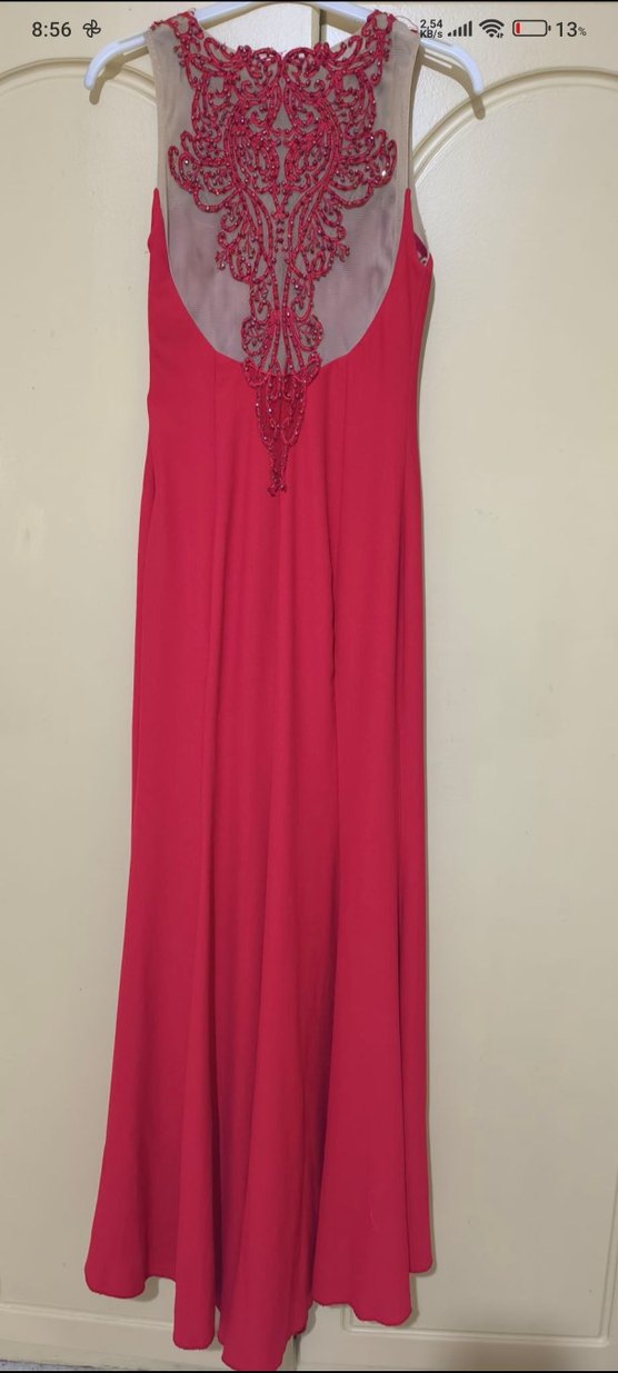 İnci İşlemeli Kırmızı Uzun Abiye Elbise - Görsel 2