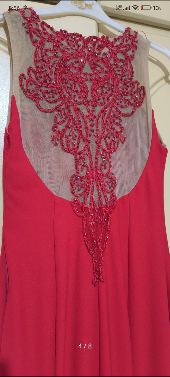 İnci İşlemeli Kırmızı Uzun Abiye Elbise - Görsel 3
