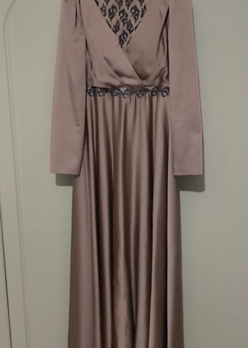 Uzun Kollu Bej Drapeli Abiye Elbise - Görsel 5