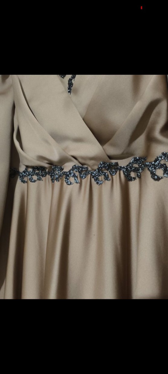 Uzun Kollu Bej Drapeli Abiye Elbise - Görsel 4