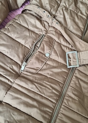 Bej Süet Kemerli Kadın Kışlık Mont - Görsel 3