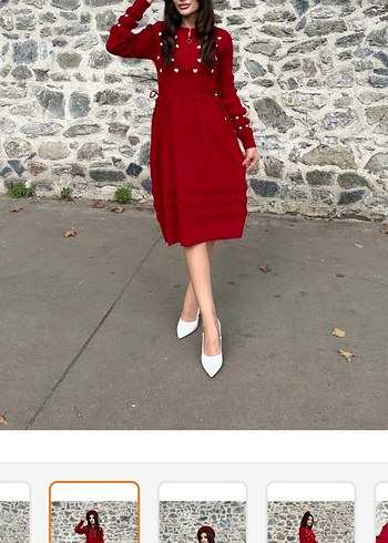 Nakışlı Kırmızı Uzun Kollu Örgü Kadın Kazak - Görsel 3