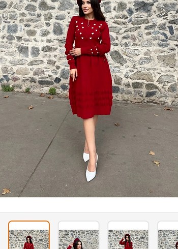 Nakışlı Kırmızı Uzun Kollu Örgü Kadın Kazak - Görsel 2