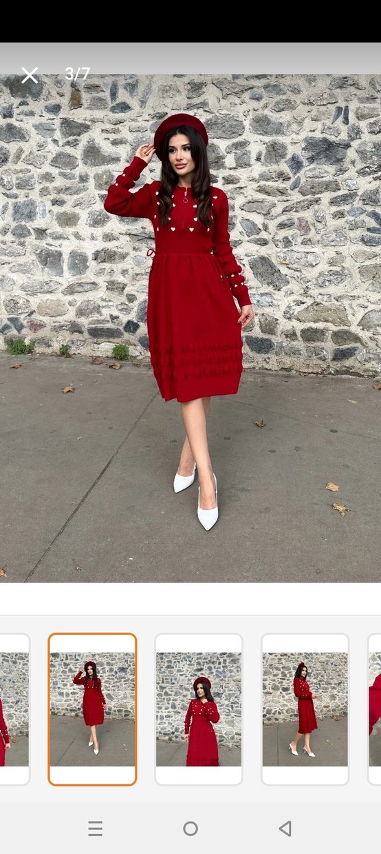 Nakışlı Kırmızı Uzun Kollu Örgü Kadın Kazak - Görsel 3