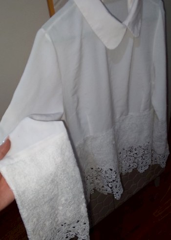 Dantel Detaylı Beyaz Keten Kadın Gömlek - Görsel 3