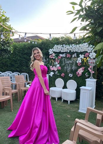 Pembe Drapeli Straplez Uzun Abiye önden yırtmaçlı şortlu - Görsel 2