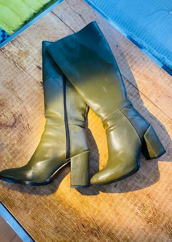 Kadın Haki Deri Tokalı Dizüstü Bot - Görsel 2