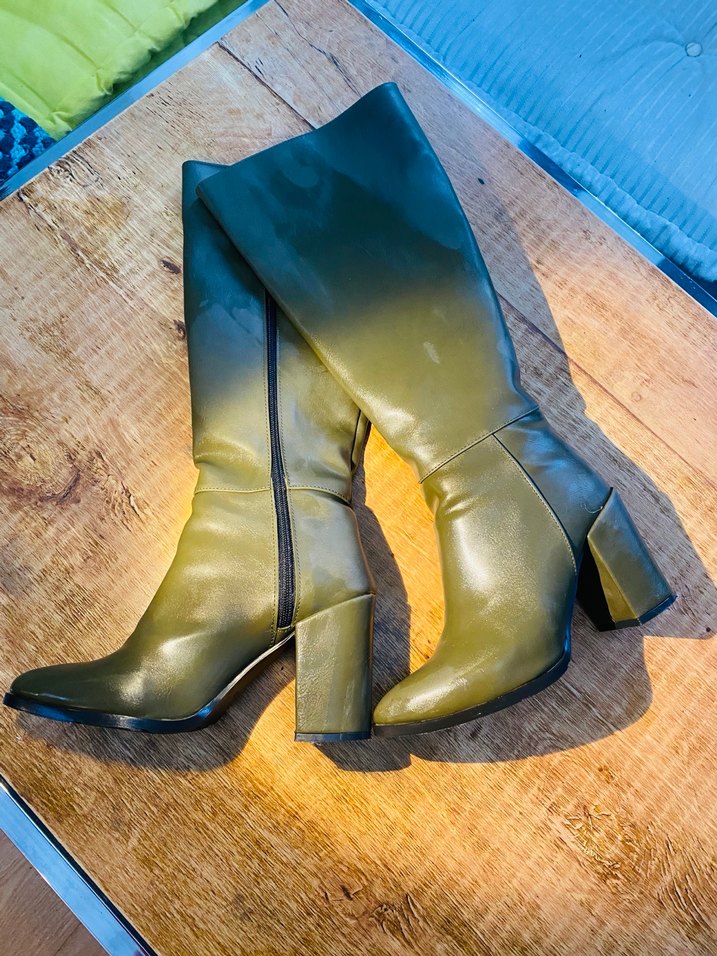 Kadın Haki Deri Tokalı Dizüstü Bot - Görsel 2