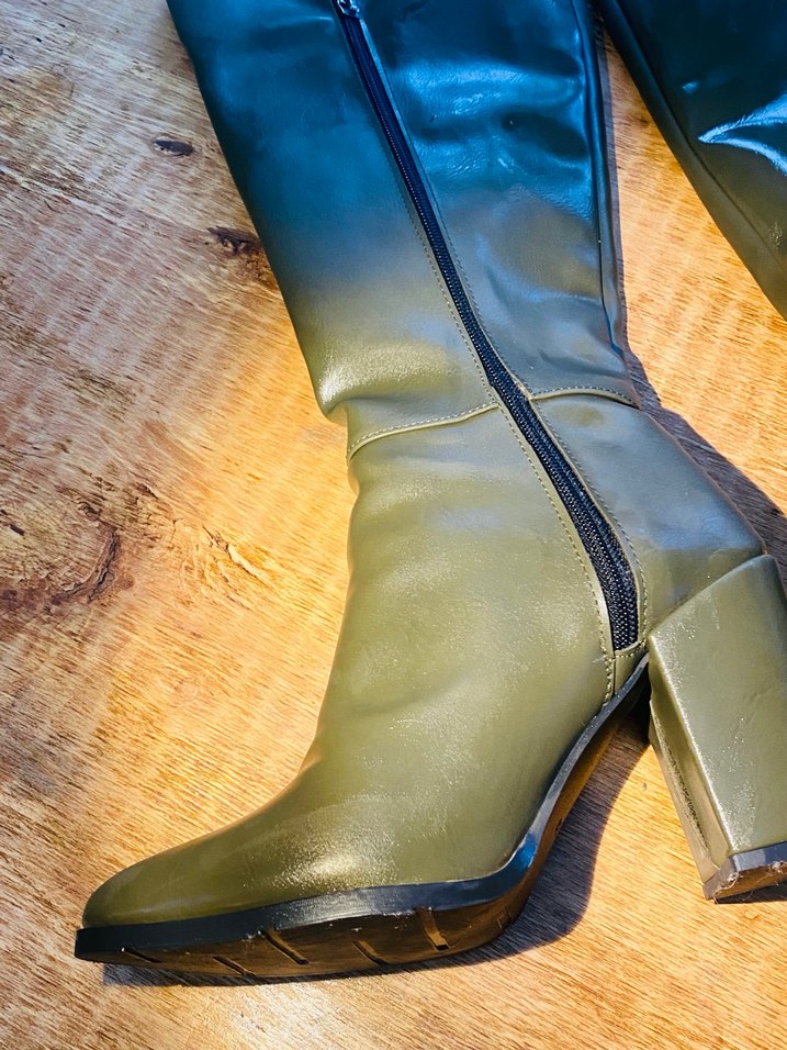 Kadın Haki Deri Tokalı Dizüstü Bot - Görsel 4