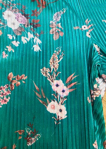 Turkuaz Çiçekli Piliseli Bohem Kadın Pantolon - Görsel 2