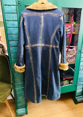 Kadın Kürklü Uzun Kot Ceket - Görsel 4