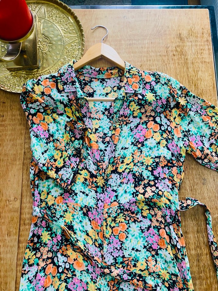 Çiçek Desenli V Yaka Uzun Bohem Elbise - Görsel 3