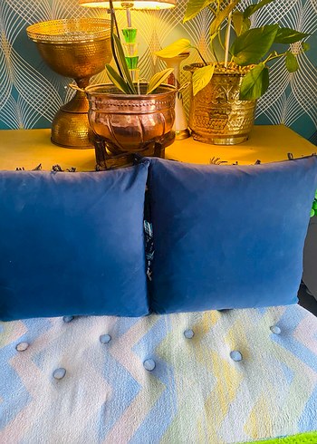 Koyu Mavi Bohem Bağlama Desenli Minder Kılıfı ve gerçek kaz tüyü - Görsel 2