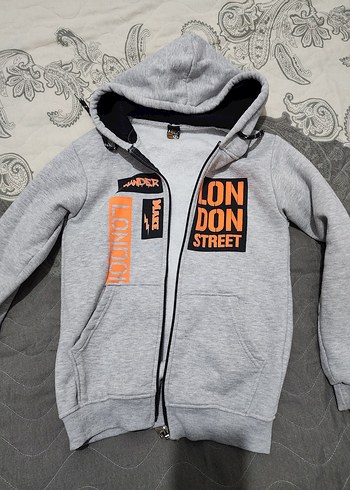 Gri Kapüşonlu Fermuarlı Erkek Çocuk Ceket - Görsel 2