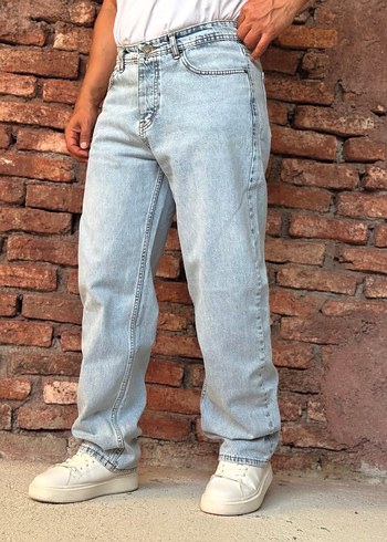 Erkek Açık Mavi Düz Desenli Bol Kesim Jean - Görsel 4