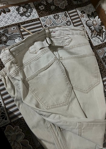 Kremsi Pamuklu Kemerli Salaş erkek paça lastikli Pantolon - Görsel 4