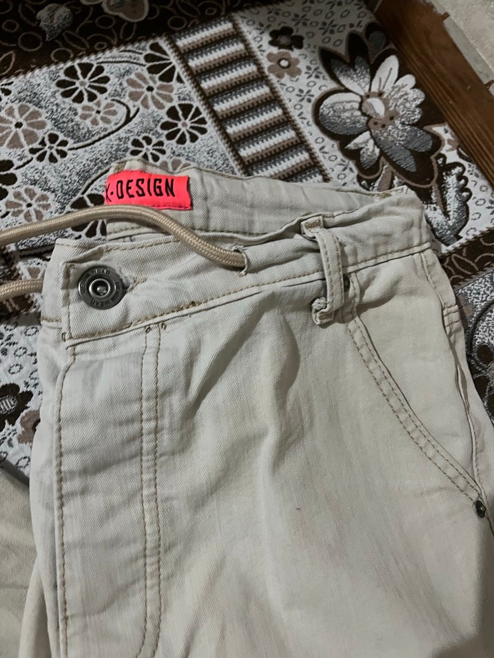 Kremsi Pamuklu Kemerli Salaş erkek paça lastikli Pantolon - Görsel 2