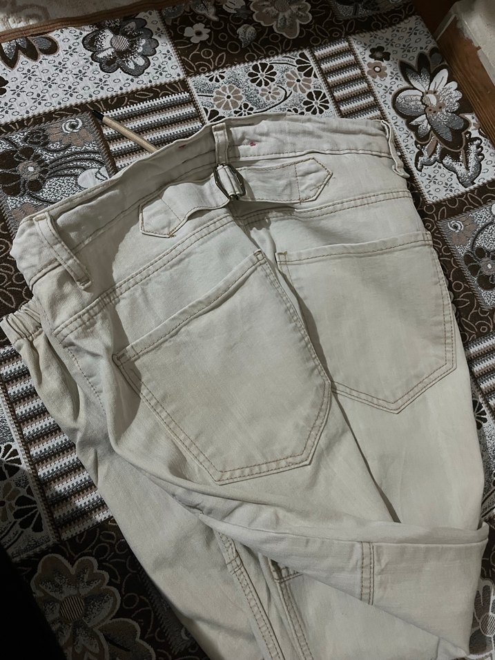 Kremsi Pamuklu Kemerli Salaş erkek paça lastikli Pantolon - Görsel 4