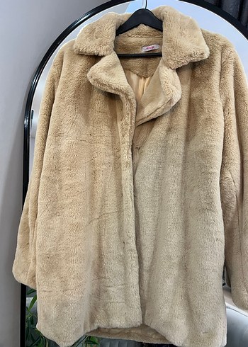 Bej Kadın Suni Kürk Midi Mont - Görsel 4