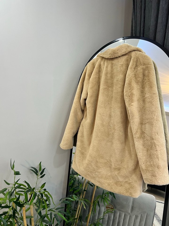 Bej Kadın Suni Kürk Midi Mont - Görsel 5