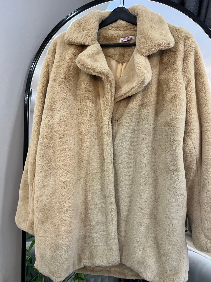 Bej Kadın Suni Kürk Midi Mont - Görsel 4