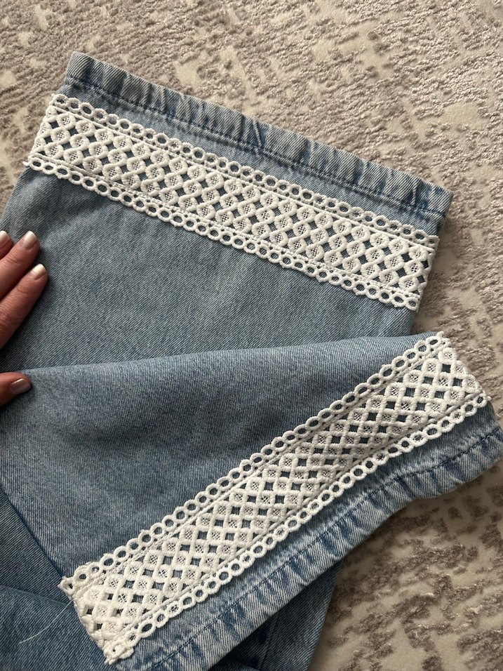 Dantel Detaylı Rahat Kesim Mavi Kadın Jean - Görsel 2