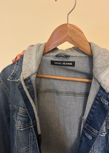 Gri Kapüşonlu Mavi Kot Ceket - Görsel 3