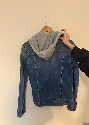 Gri Kapüşonlu Mavi Kot Ceket - Görsel 2