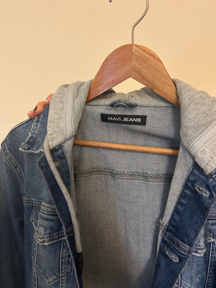 Gri Kapüşonlu Mavi Kot Ceket - Görsel 3
