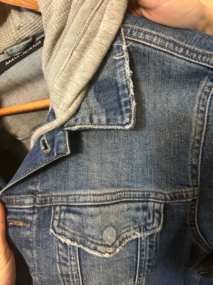 Gri Kapüşonlu Mavi Kot Ceket - Görsel 4