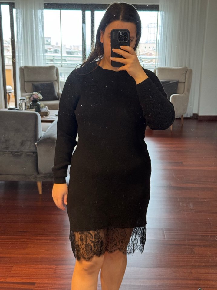 Siyah Uzun Kollu Triko Elbise - Görsel 2