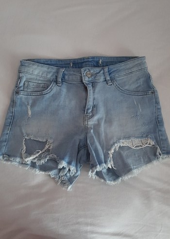 Kadın Mavi Dantel Detaylı Mini Denim Şort - Görsel 4