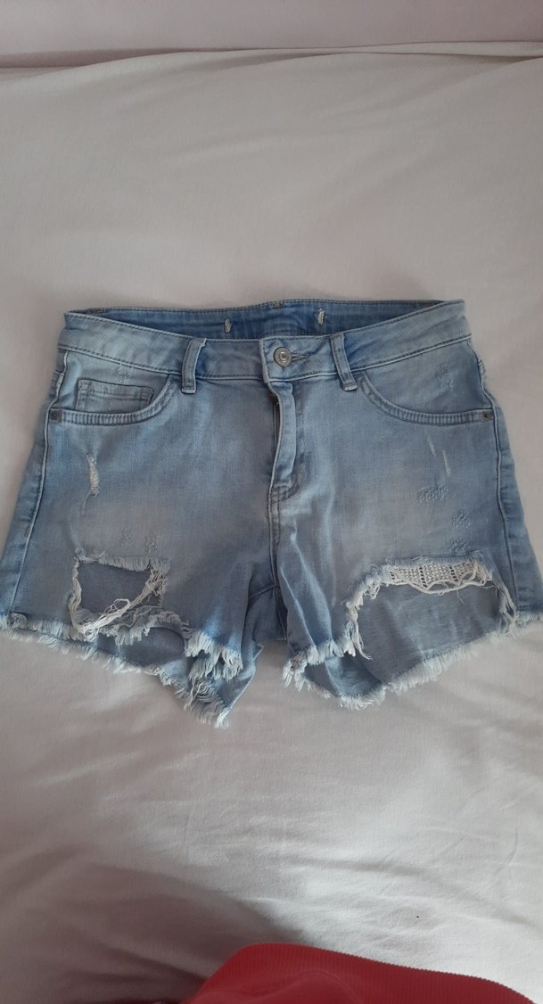 Kadın Mavi Dantel Detaylı Mini Denim Şort - Görsel 4