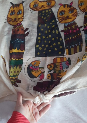 Bohem Çok Renkli Örgü Kedi Desenli Tişört - Görsel 3