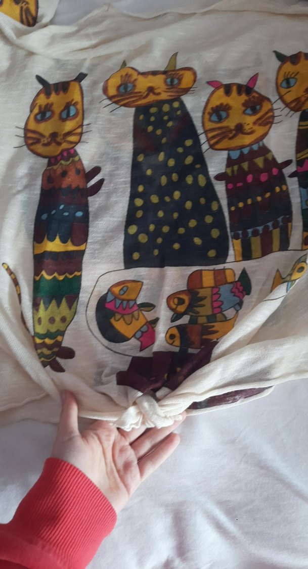 Bohem Çok Renkli Örgü Kedi Desenli Tişört - Görsel 3