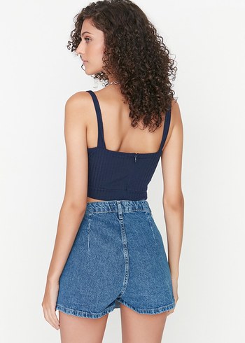 Kadın Mavi Şort Etek Cepli - Görsel 3