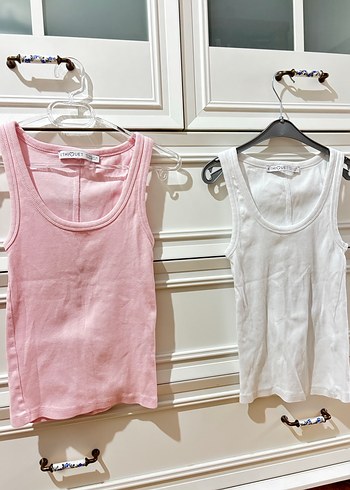 2 li Pembe ve Beyaz Kadın Atlet, Pamuklu, İnce Kesim - Görsel 2