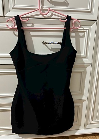 Siyah Mini Süet Straplez Elbise - Görsel 2