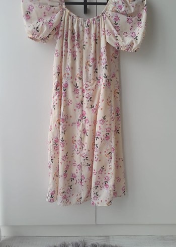 Bej Çiçek Desenli Bohem Midi Elbise - Görsel 2