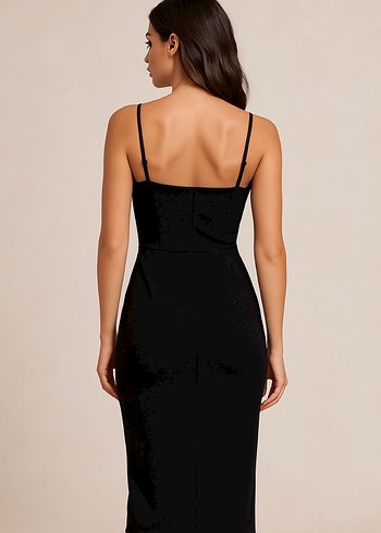 Siyah İnce Askılı Midi Kalem Elbise - Görsel 3