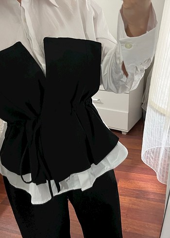 Beyaz Pamuklu Straplez Kadın Kemerli Gömlek - Görsel 2