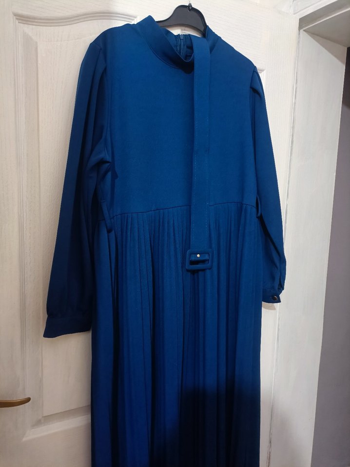 Kadın Lacivert Piliseli Uzun Kollu Elbise - Görsel 2