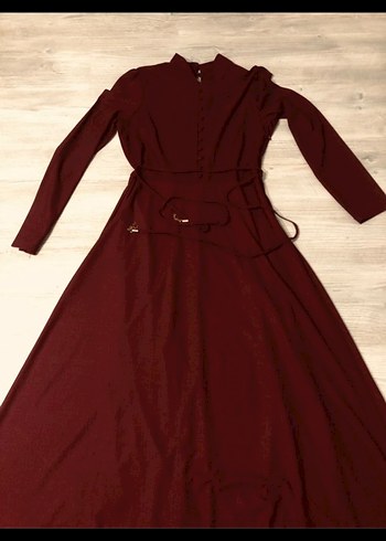 Bordo Uzun Kollu Drapeli Kadın Elbise - Görsel 2