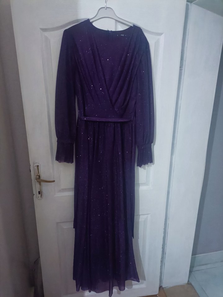 Kadın Mor Uzun Kollu Şık Abiye Elbise - Görsel 2