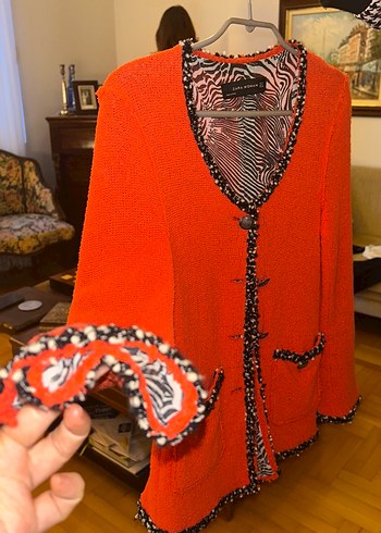 Düğmeli Kırmızı Midi Örgü Kadın Ceket - Görsel 4