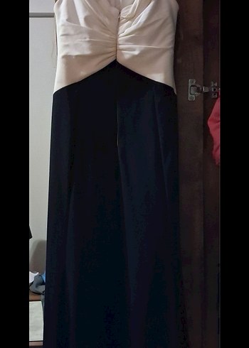 Beyaz Siyah Straplez Uzun Abiye Elbise - Görsel 3