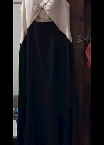 Beyaz Siyah Straplez Uzun Abiye Elbise - Görsel 4