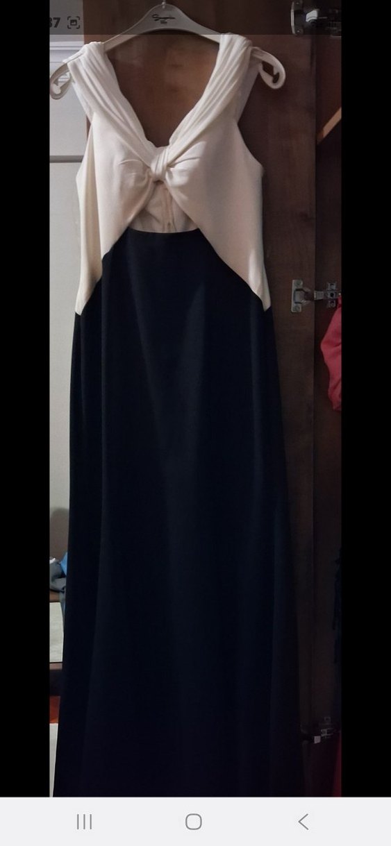 Beyaz Siyah Straplez Uzun Abiye Elbise - Görsel 4